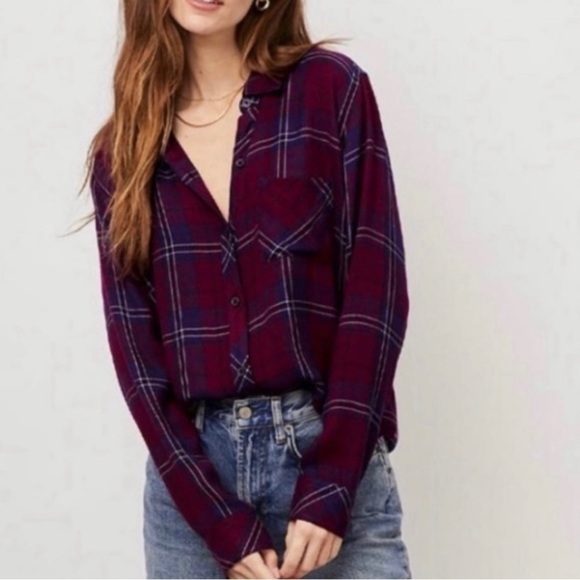 Rails Tops - Rails Dylan Button Down Flannel In Oxblood/Navy Size M